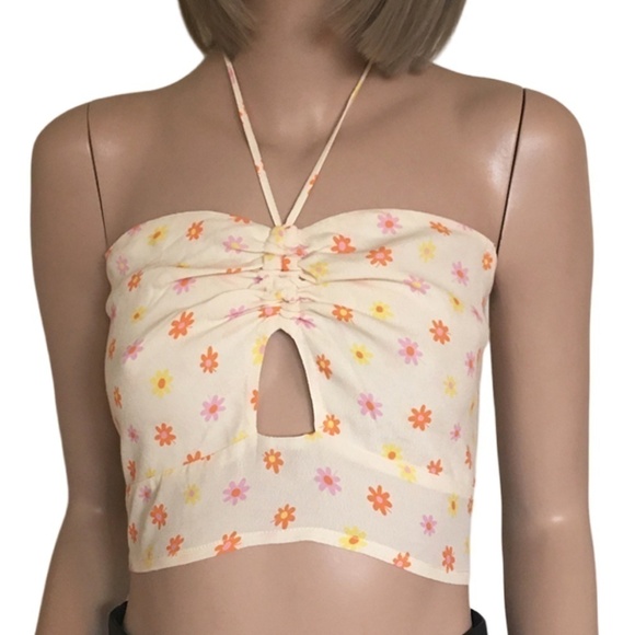 Elodie Yellow Shirred Smocked Floral Halter Top Blouse Tank Floral Rayon NWOT - Picture 11 of 13